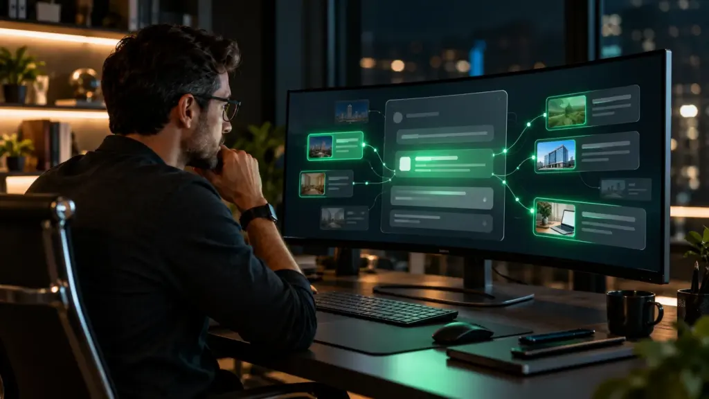 Profissional de marketing analisando inteligência artificial em um monitor, com conexões digitais que representam a seleção e citação de marcas nas respostas de IA.